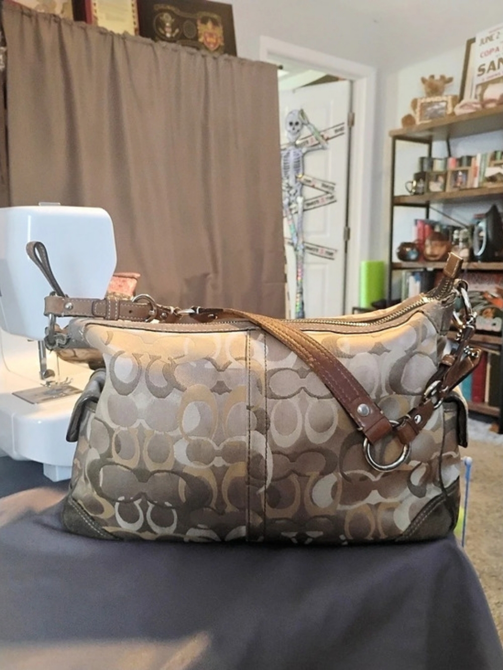 Coach Poppy Signature Glam Tote Hobo Shoulder Bag in Brown & Tan